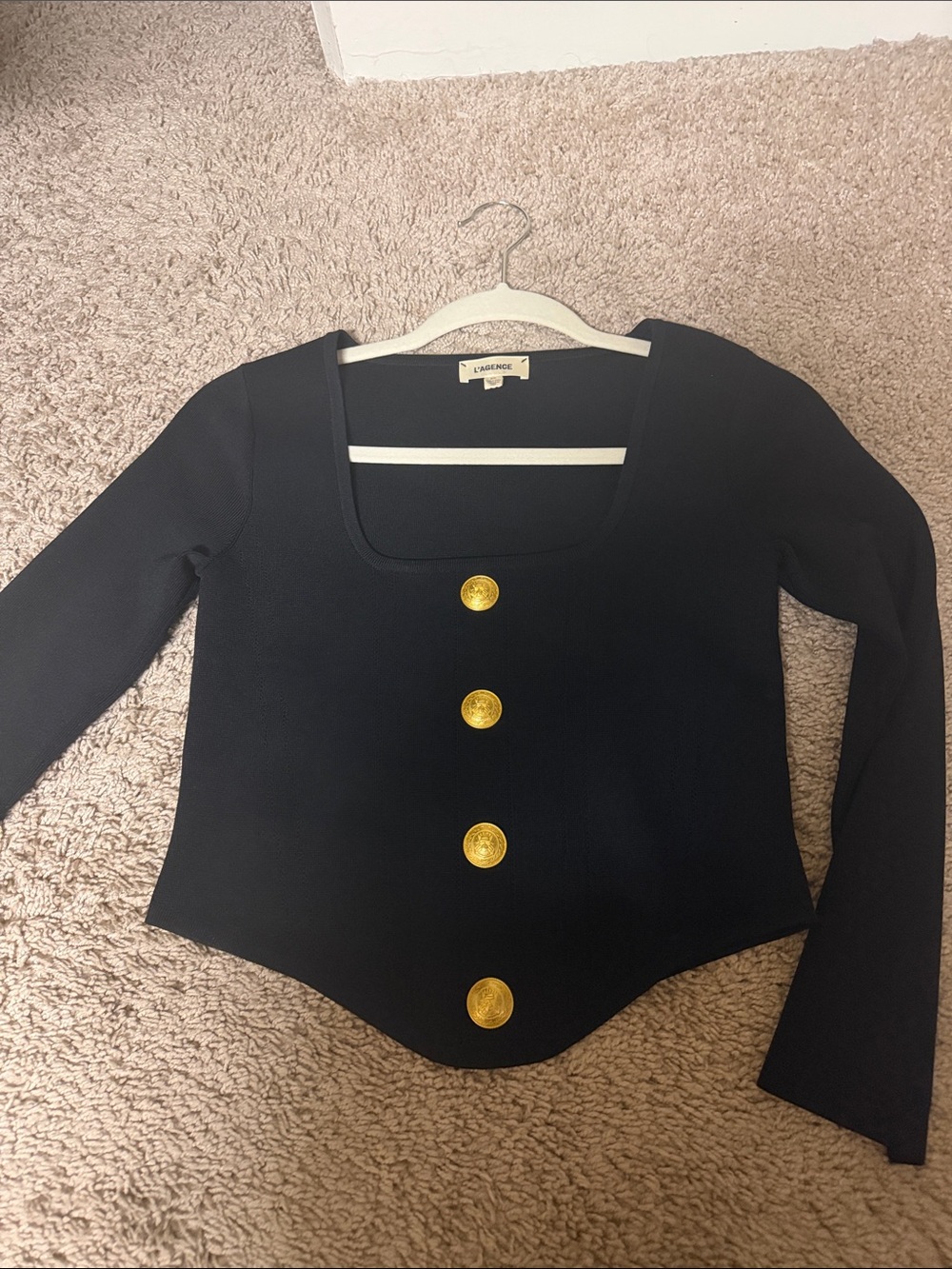 L'AGENCE Black Long-Sleeve Square Neck Top with Gold Buttons